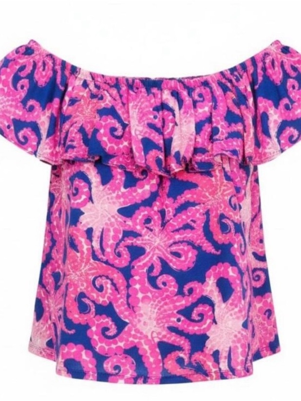 Lilly Pulitzer La Fortuna Octopus print Off-Shoulder Ruffle Top, Size Large